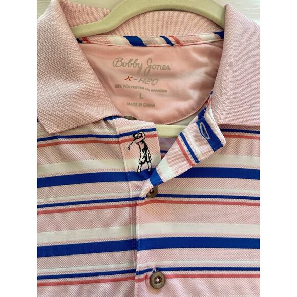 Bobby Jones X-H20 Performance Golf Polo Large Pink Blue Striped Collar Logo - Picture 2 of 9